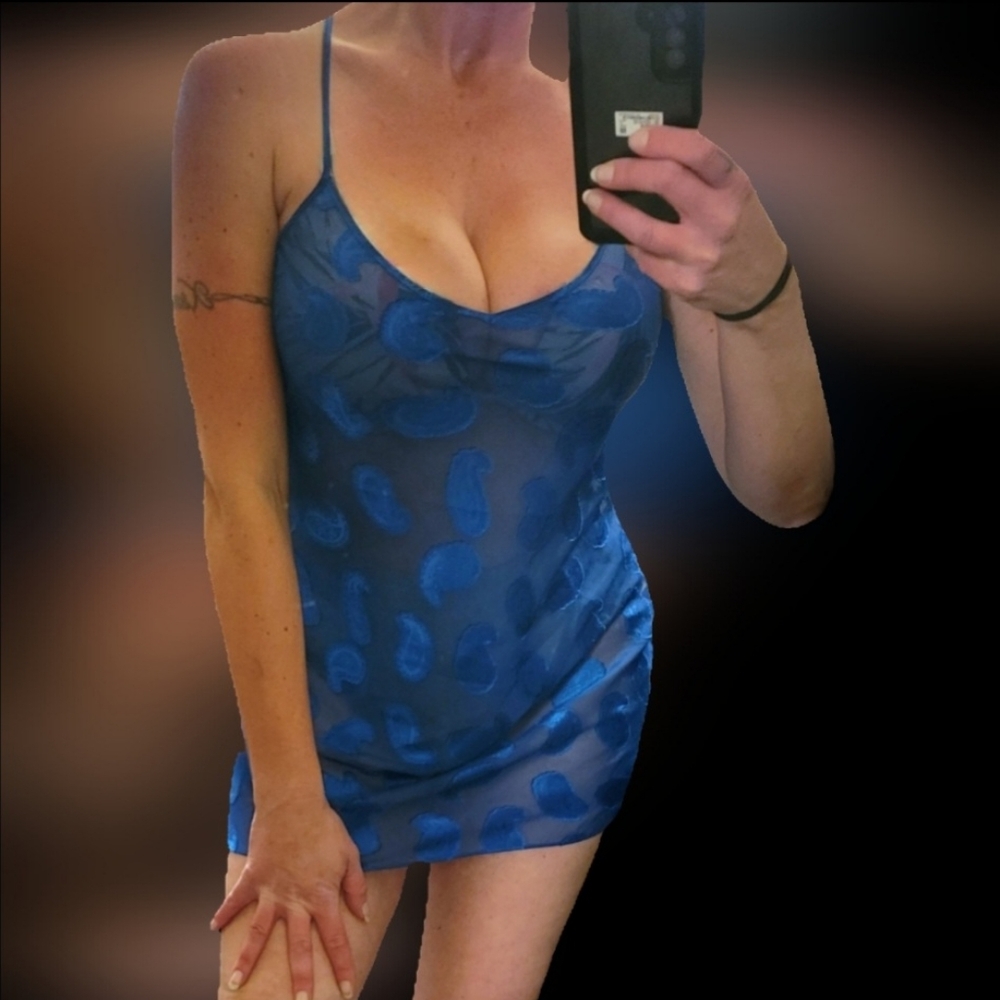 Vtg 90s Inner Most blue  paisley graphic strappy keyhole mesh negligee M-XL NWOT